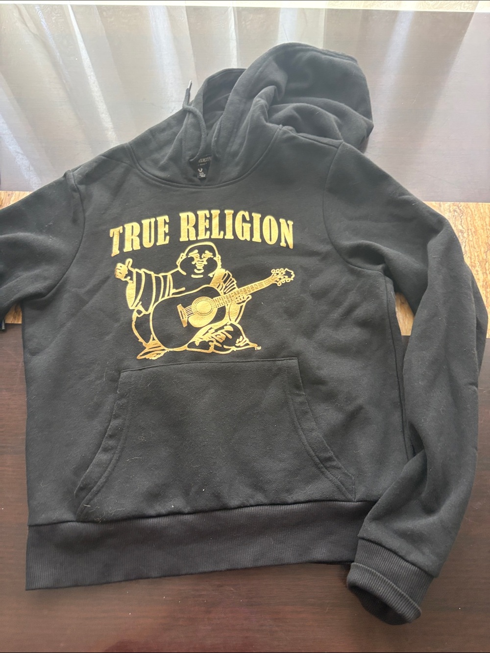 True Religion Black Pullover Hoodie with Gold Buddha Graphic